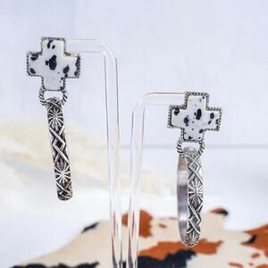 White and Silvertone Boulder Lane Western Cross Hoop Earrings